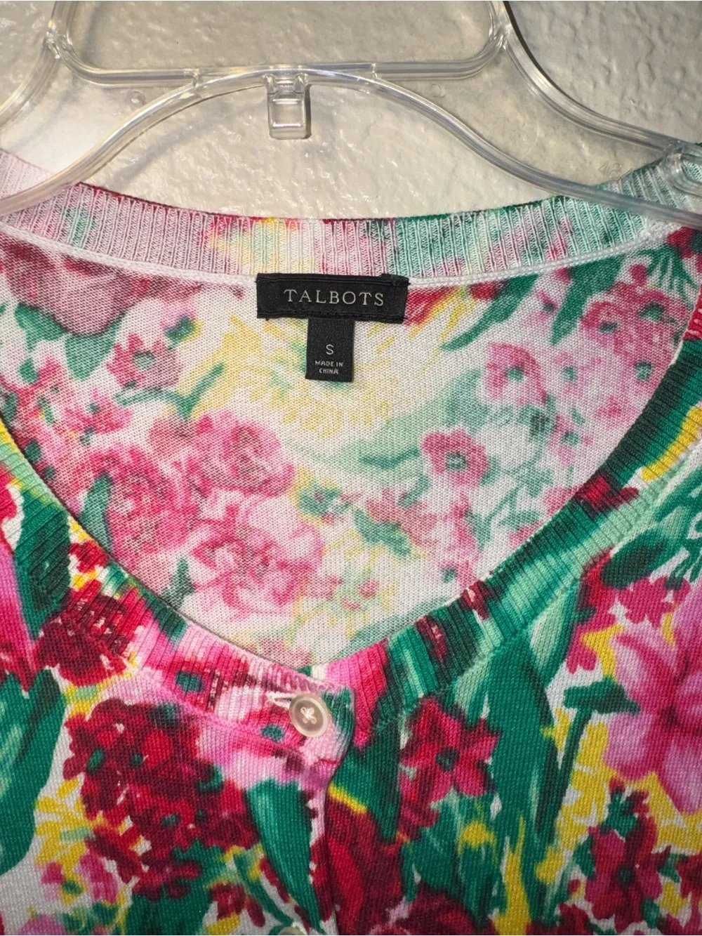 Talbots Small Floral Cardigan Pink Green Button Front Sweater